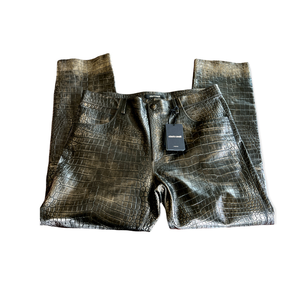 Roberto Cavalli Men's Black/Gold Croc Leather Pants 38 X 32/58 EU $2800